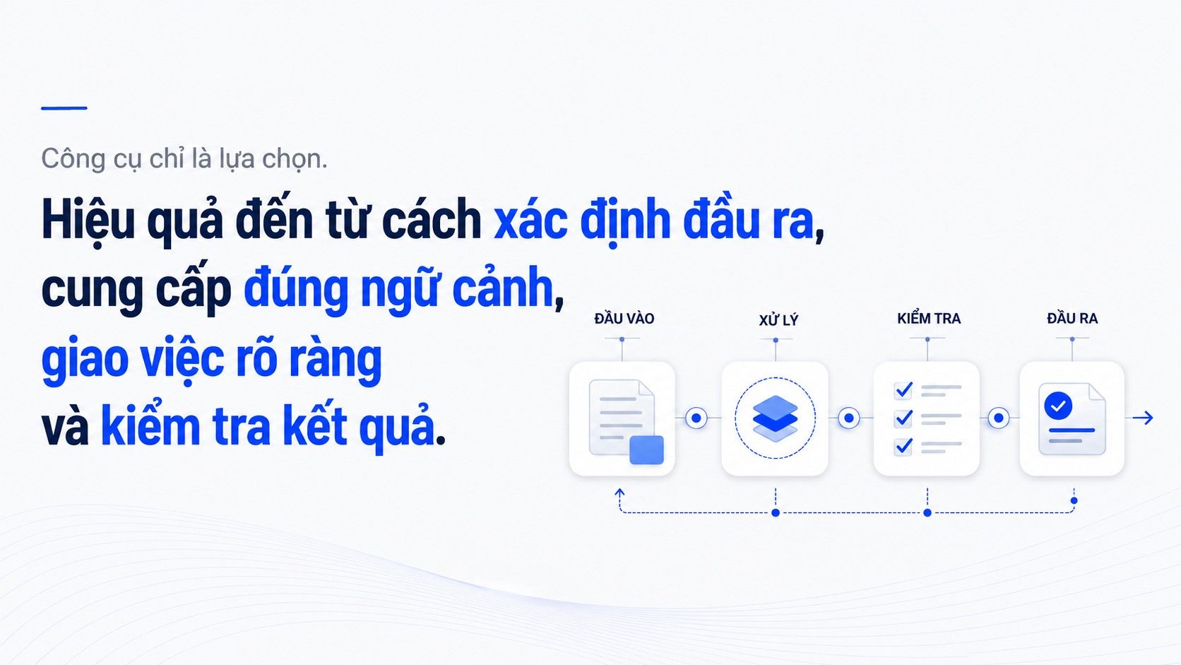 Công cụ chỉ là lựa chọn; hiệu quả đến từ cách xác định đầu ra, cung cấp đúng ngữ cảnh, giao việc rõ ràng và kiểm tra kết quả.