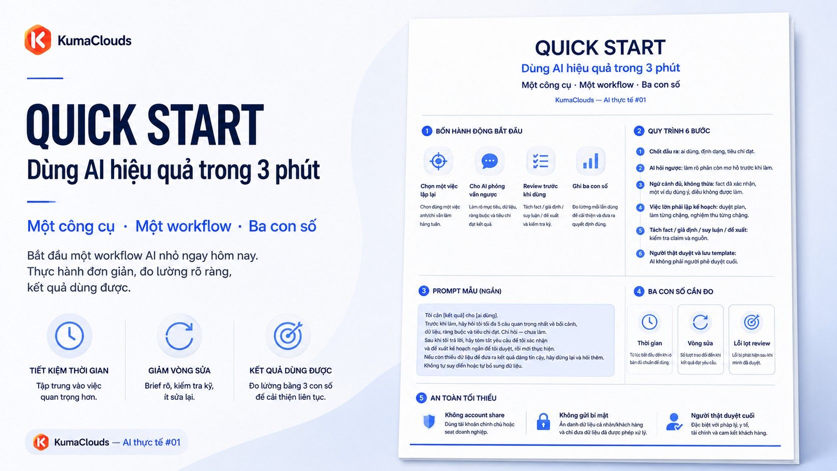 Quick Start — Dùng AI hiệu quả trong 3 phút: một công cụ, một workflow, ba con số.