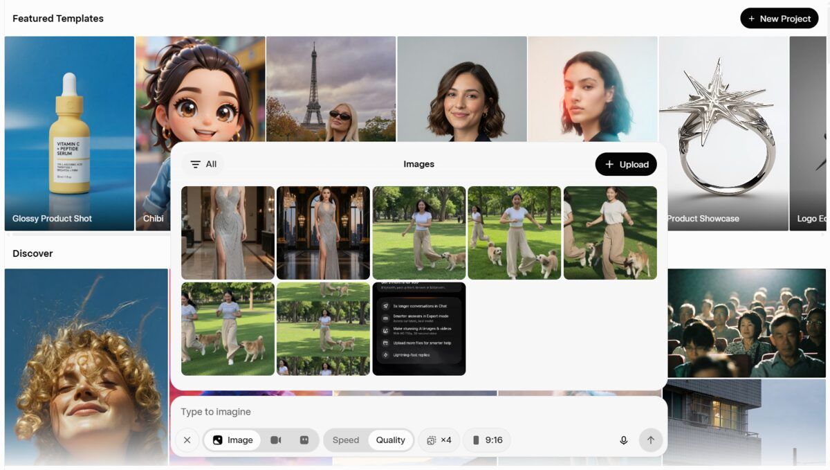 Màn hình Grok Imagine: bấm dấu cộng rồi chọn Upload để tải ảnh lên.